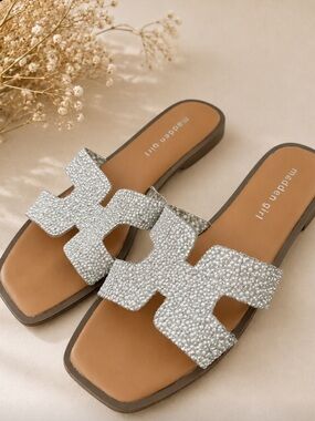 Madden Girl Rhinestone Slide Sandals Size 7 | Sparkly Silver Slip On Flats